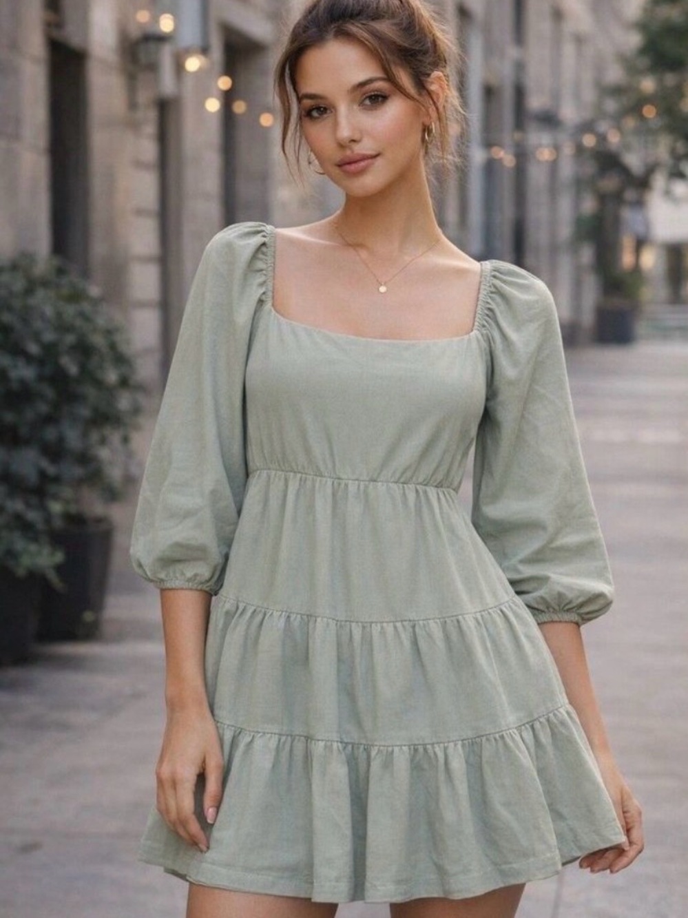 Shinestar Sage Green Long-Sleeve Tiered Mini Dress
